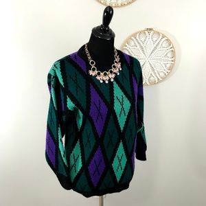 VINTAGE 1980's Sweater Purple and Teal Diamonds S